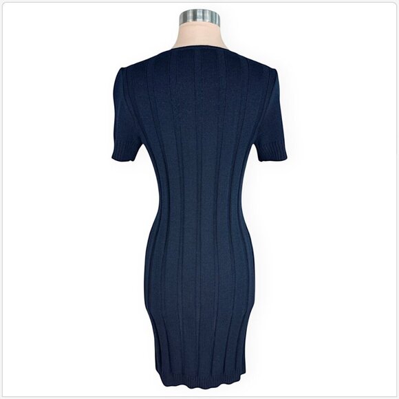 St. John Sport Navy Blue Ribbed Knit Short Sleeve Zipper Neckline Dress P Petite - Picture 3 of 4